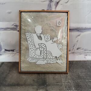 VTG Convex Glass Reverse Painting, Man in Chair with Cat, 4x5
